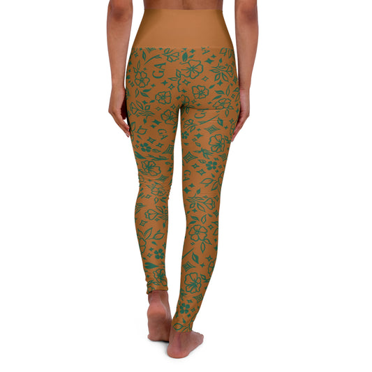 High-Waisted Floral Yoga Leggings — Olive Green Patterned Activewear