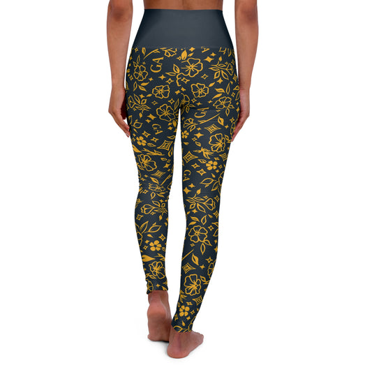 Yoga Leggings — Gold Floral All-Over Print High-Waist Yoga Leggings