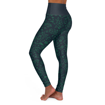 High-Waisted Green Floral Yoga Leggings — All-Over Print