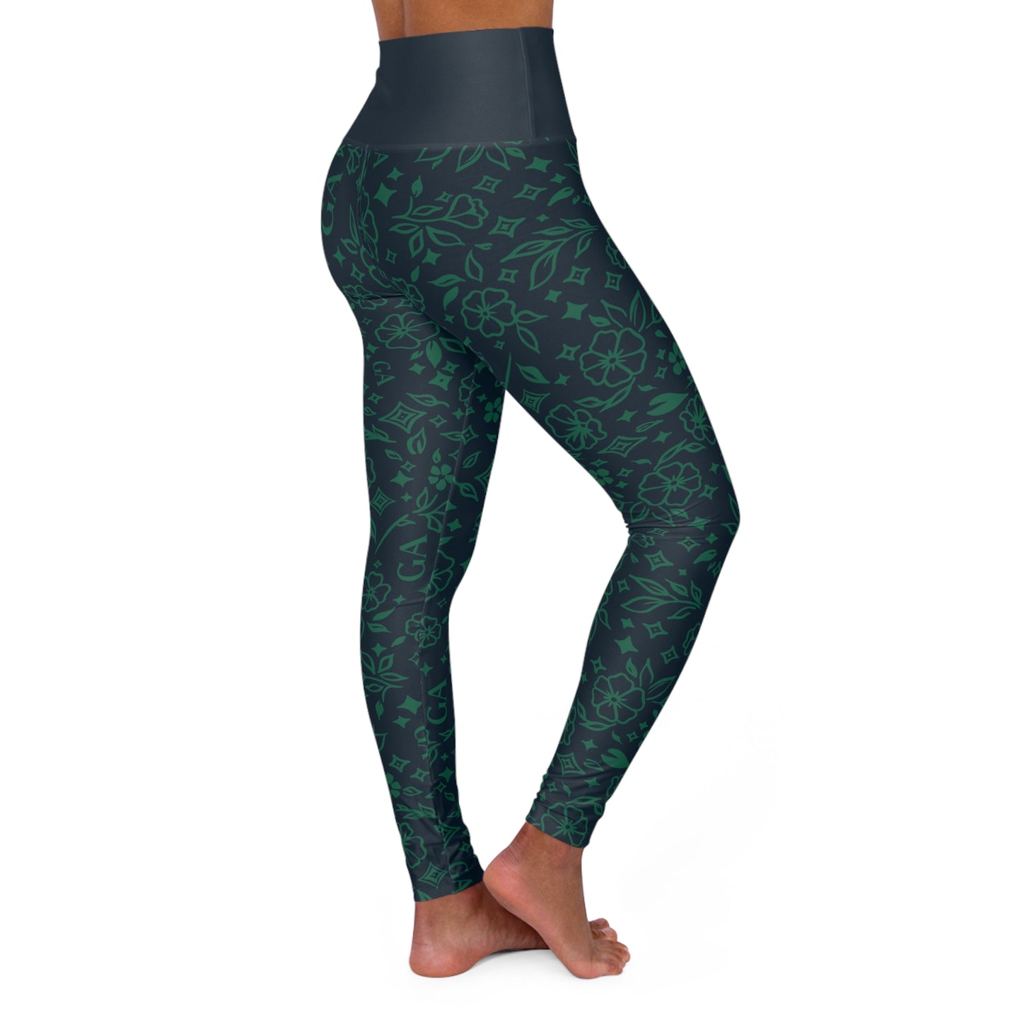 High-Waisted Green Floral Yoga Leggings — All-Over Print
