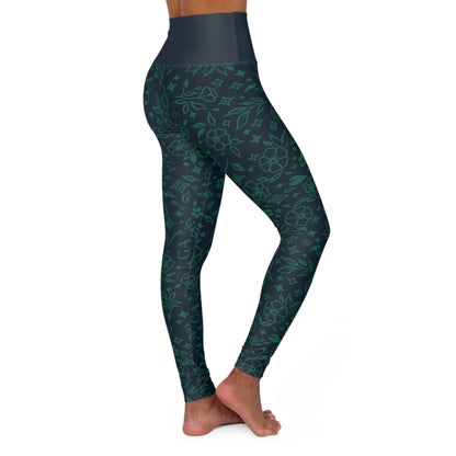 High-Waisted Green Floral Yoga Leggings — All-Over Print