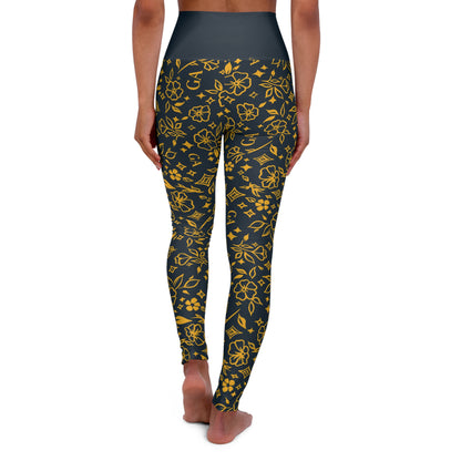 Yoga Leggings — Gold Floral All-Over Print High-Waist Yoga Leggings