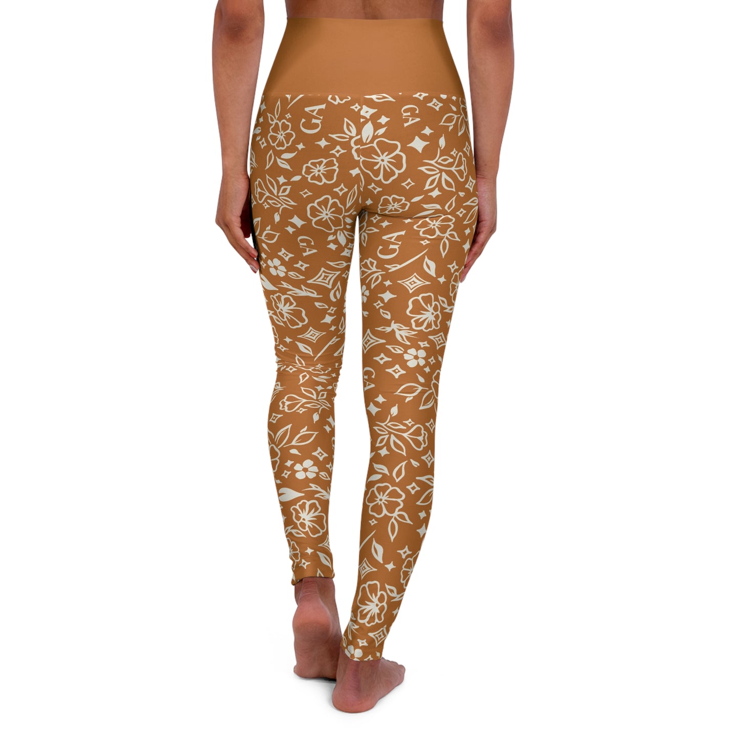 High-Waisted Floral Print Yoga Leggings — Brown Boho Activewear