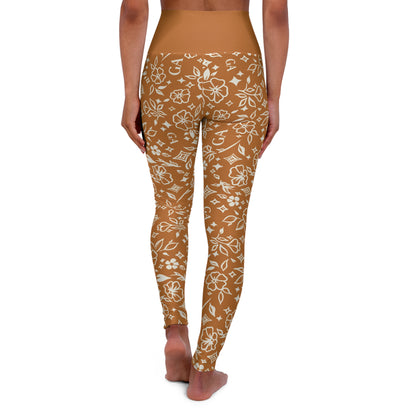 High-Waisted Floral Print Yoga Leggings — Brown Boho Activewear