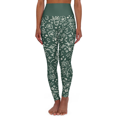 Green Floral High-Waist Yoga Leggings – All-Over Print Comfort