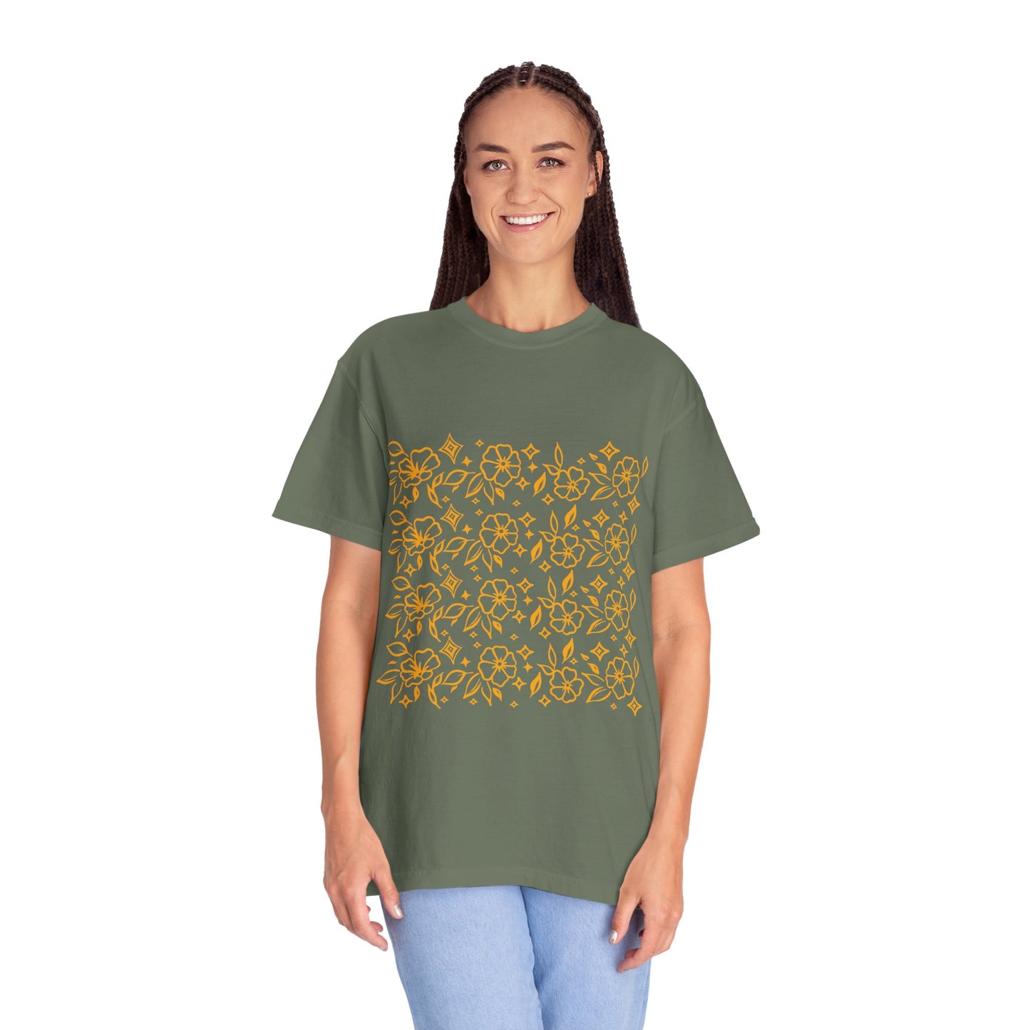 Blooms Pattern Tee — Golden Line Art Square Pattern