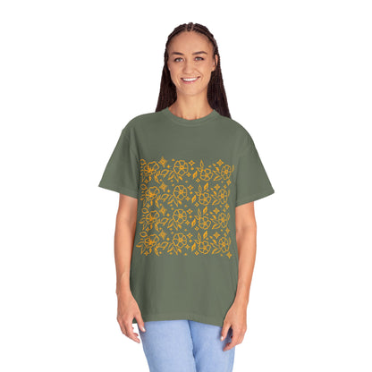 Blooms Pattern Tee — Golden Line Art Square Pattern
