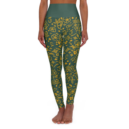 Green Floral High-Waist Yoga Leggings — All-Over Print Comfort