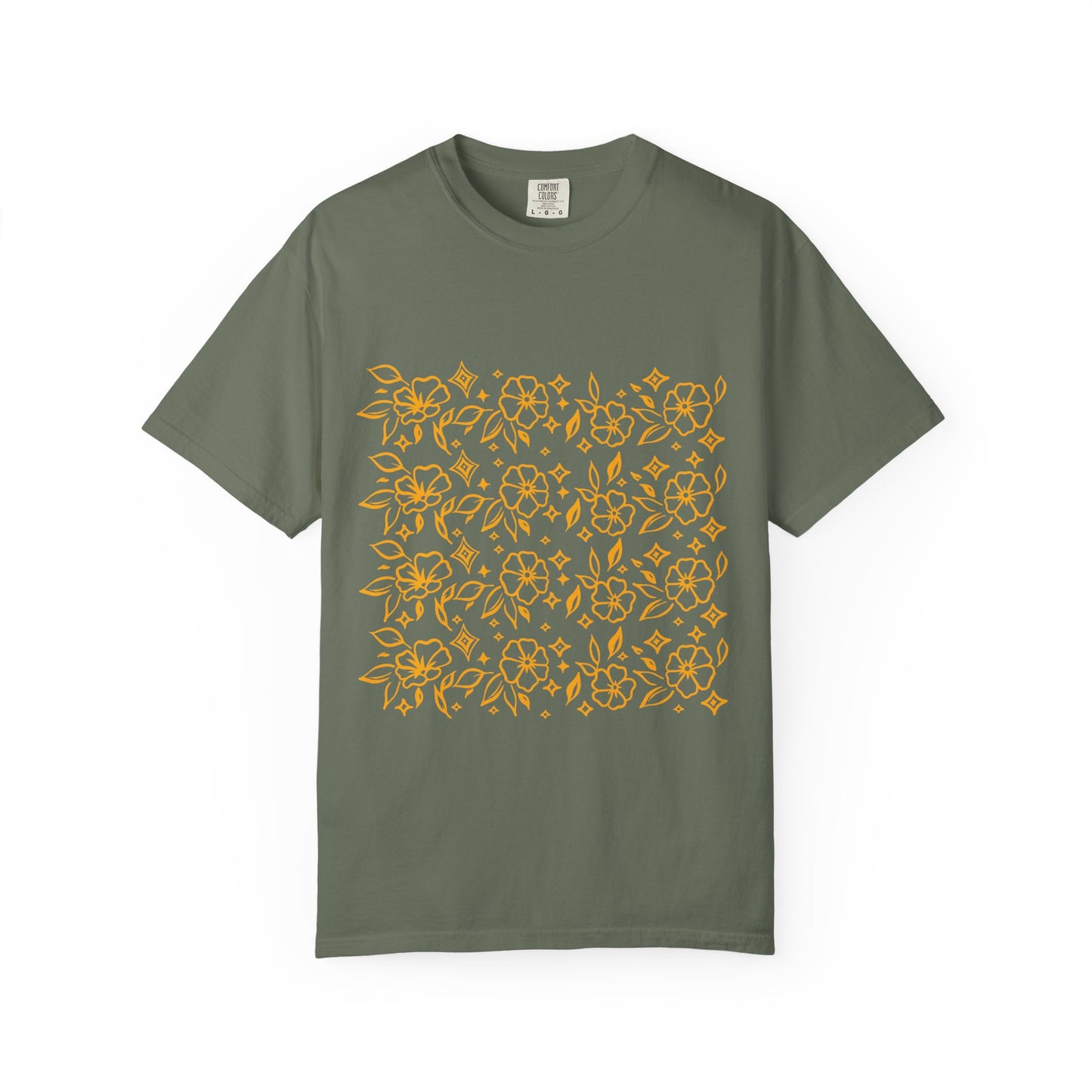 Blooms Pattern Tee — Golden Line Art Square Pattern