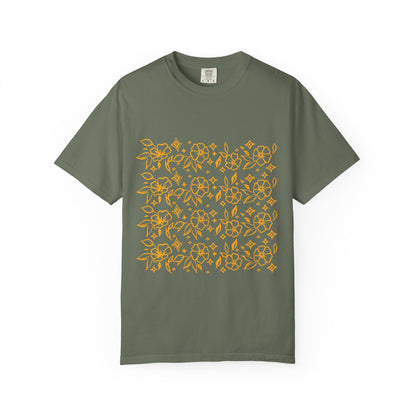 Blooms Pattern Tee — Golden Line Art Square Pattern