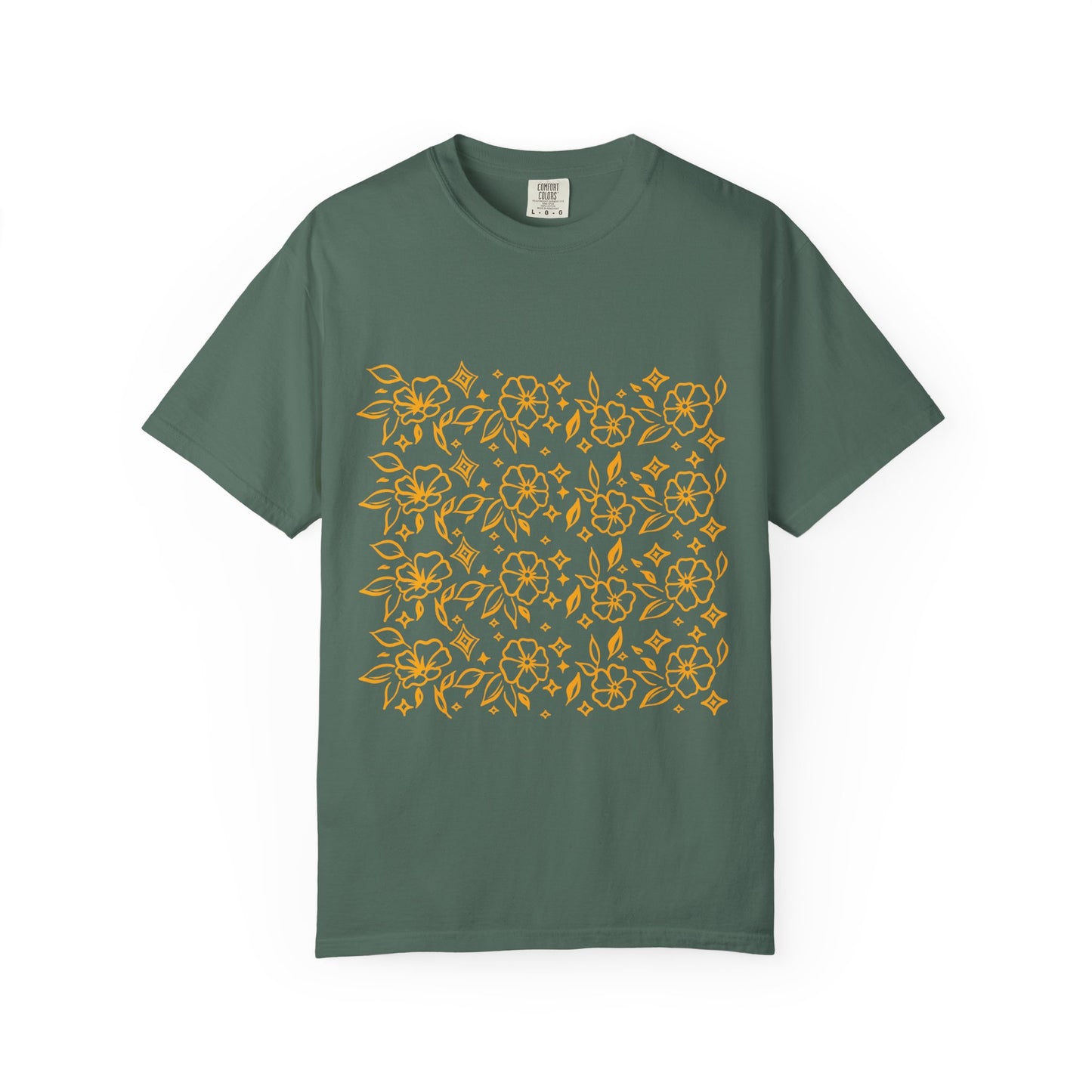 Blooms Pattern Tee — Golden Line Art Square Pattern