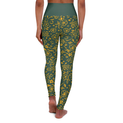 Green Floral High-Waist Yoga Leggings — All-Over Print Comfort