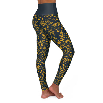 Yoga Leggings — Gold Floral All-Over Print High-Waist Yoga Leggings
