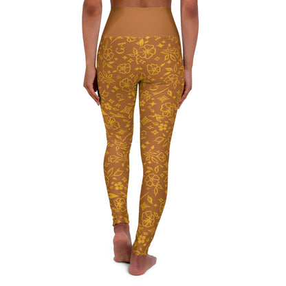 High-Waist Golden Floral Yoga Leggings – All-Over Print