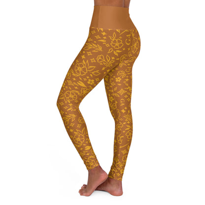 High-Waist Golden Floral Yoga Leggings – All-Over Print