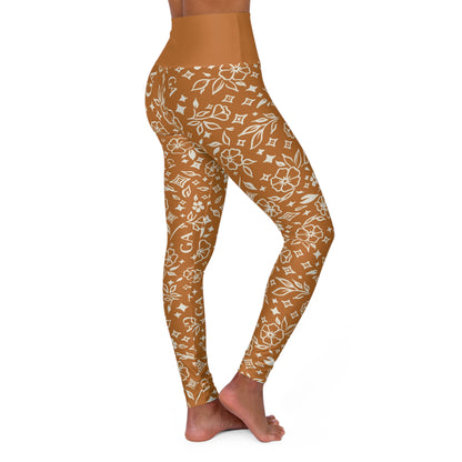 High-Waisted Floral Print Yoga Leggings — Brown Boho Activewear