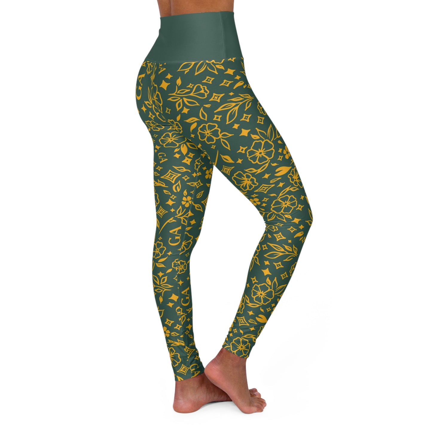 Green Floral High-Waist Yoga Leggings — All-Over Print Comfort