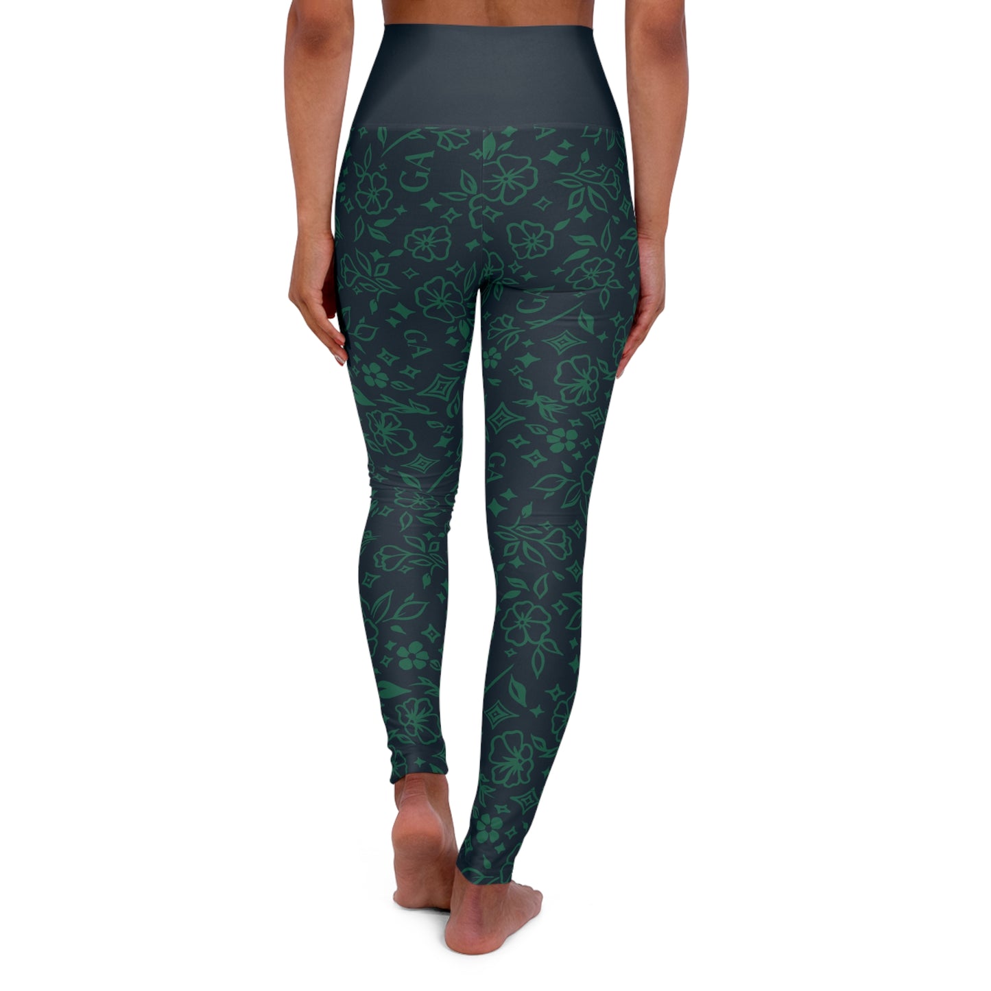 High-Waisted Green Floral Yoga Leggings — All-Over Print