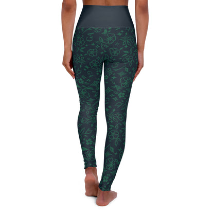 High-Waisted Green Floral Yoga Leggings — All-Over Print