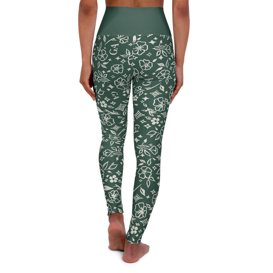 Green Floral High-Waist Yoga Leggings – All-Over Print Comfort