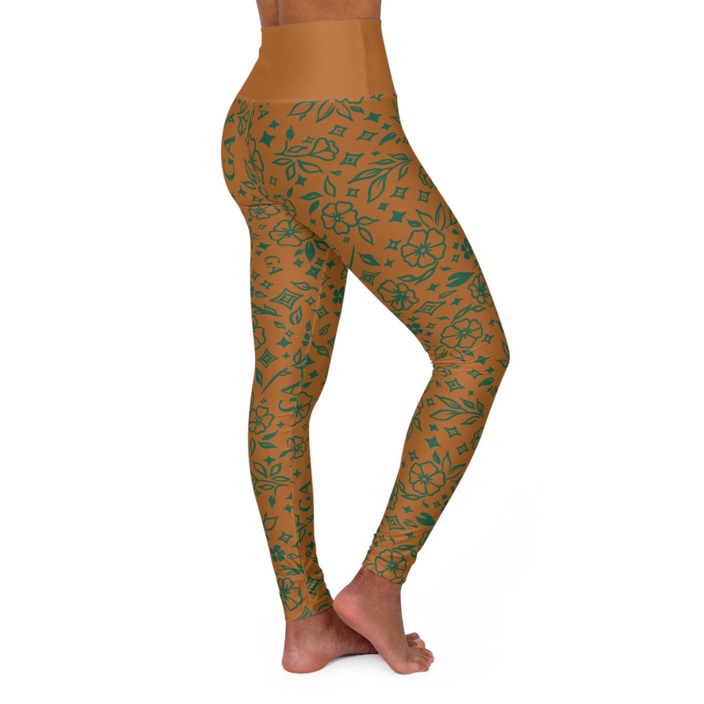 High-Waisted Floral Yoga Leggings — Olive Green Patterned Activewear