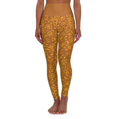 High-Waist Golden Floral Yoga Leggings – All-Over Print