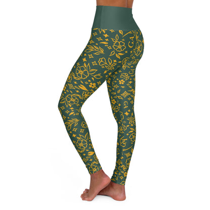 Green Floral High-Waist Yoga Leggings — All-Over Print Comfort