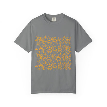 Blooms Pattern Tee — Golden Line Art Square Pattern