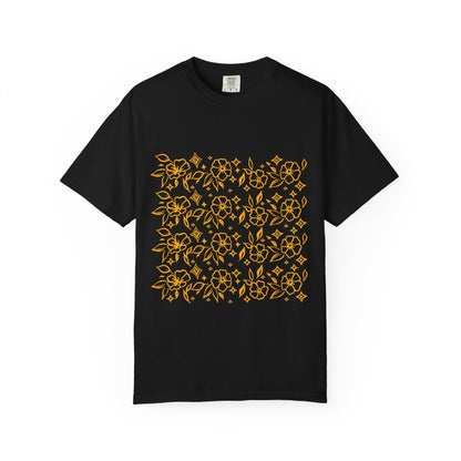 Blooms Pattern Tee — Golden Line Art Square Pattern