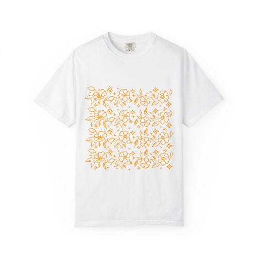Blooms Pattern Tee — Golden Line Art Square Pattern