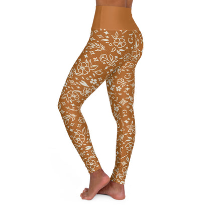 High-Waisted Floral Print Yoga Leggings — Brown Boho Activewear