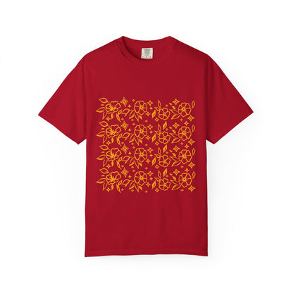 Blooms Pattern Tee — Golden Line Art Square Pattern