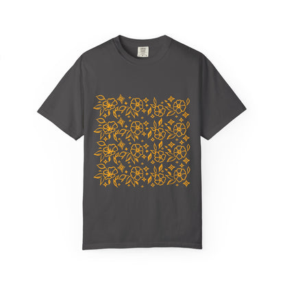 Blooms Pattern Tee — Golden Line Art Square Pattern