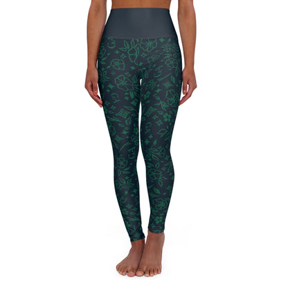 High-Waisted Green Floral Yoga Leggings — All-Over Print