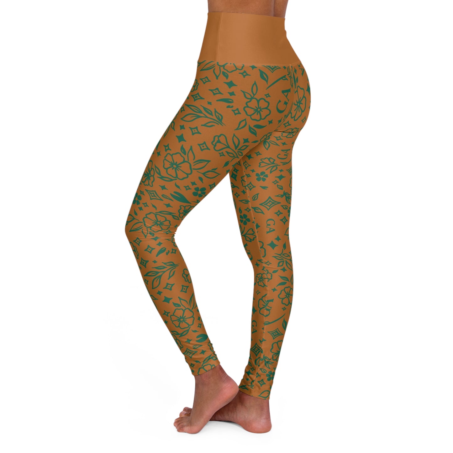 High-Waisted Floral Yoga Leggings — Olive Green Patterned Activewear