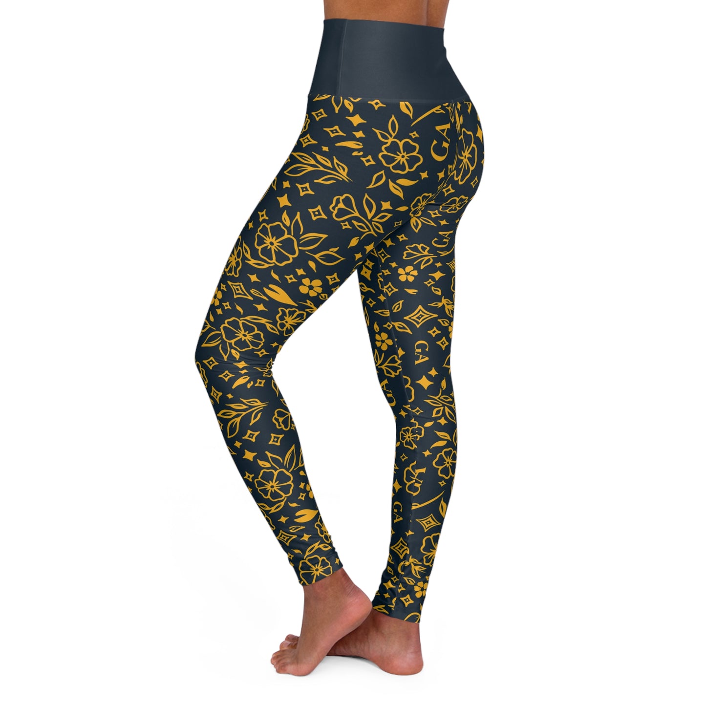 Yoga Leggings — Gold Floral All-Over Print High-Waist Yoga Leggings