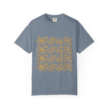 Blooms Pattern Tee — Golden Line Art Square Pattern