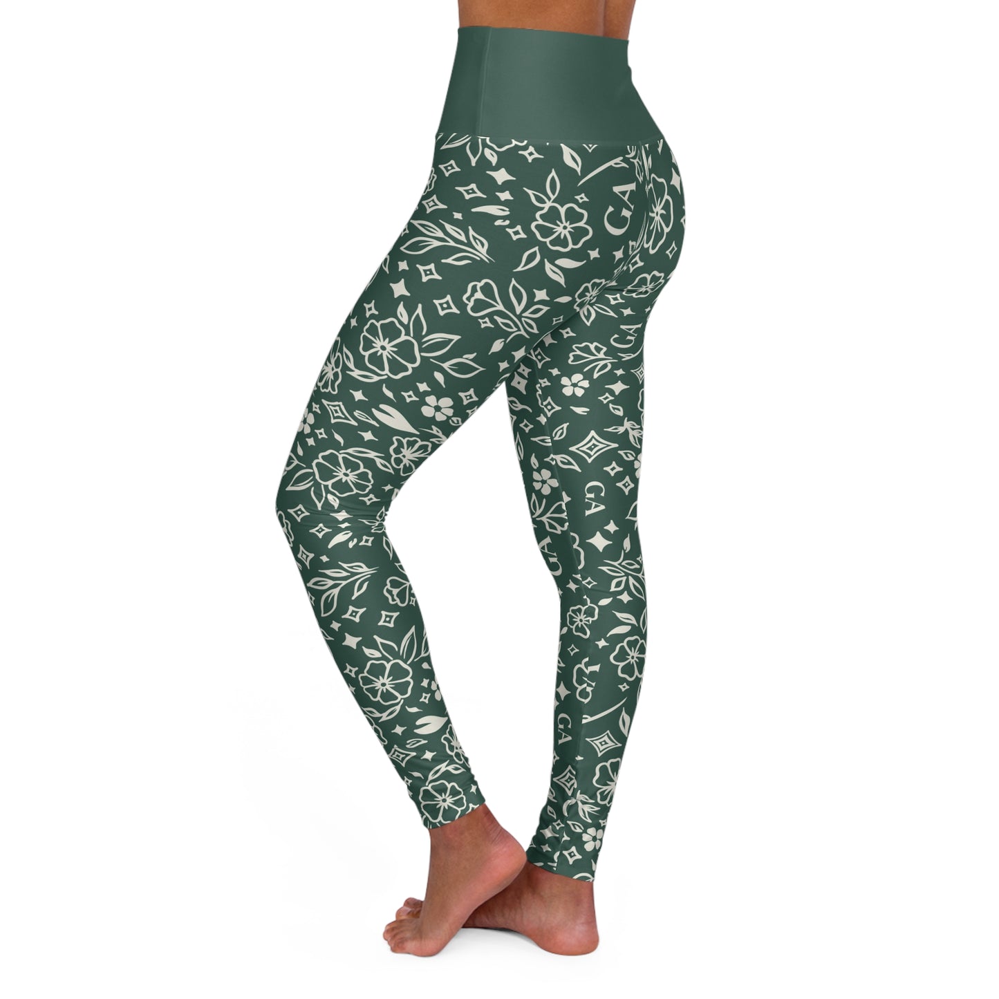 Green Floral High-Waist Yoga Leggings – All-Over Print Comfort