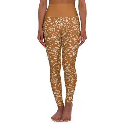 High-Waisted Brown Floral Bandana Yoga Leggings