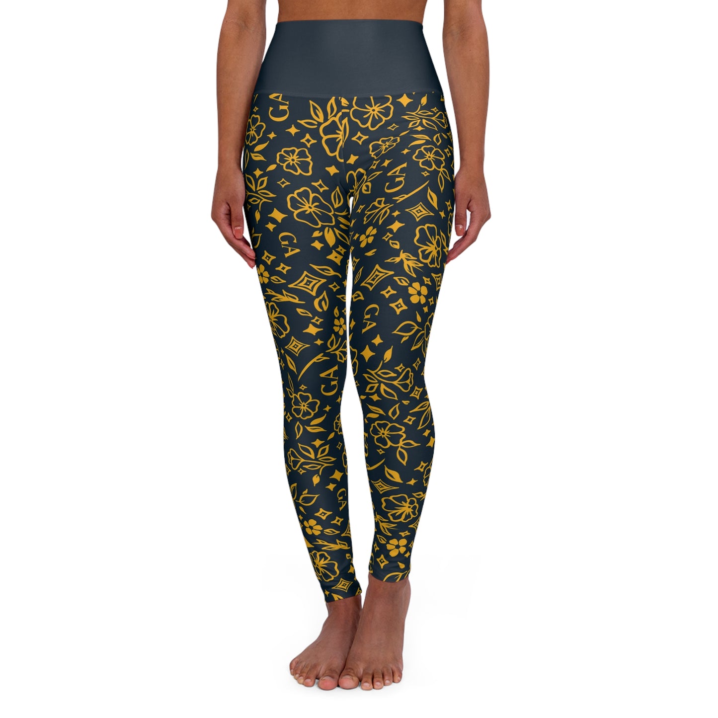 Yoga Leggings — Gold Floral All-Over Print High-Waist Yoga Leggings