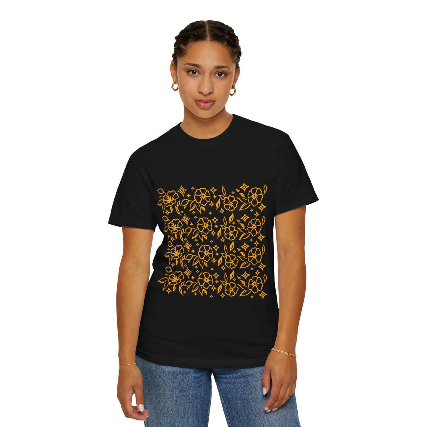 Blooms Pattern Tee — Golden Line Art Square Pattern