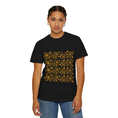 Blooms Pattern Tee — Golden Line Art Square Pattern