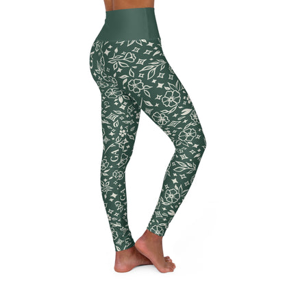 Green Floral High-Waist Yoga Leggings – All-Over Print Comfort